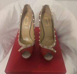 Valentino Coral and Beige Rockstud Open-Toe Pumps